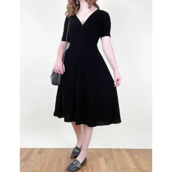 New Velvet Fit & Flare Princess Midi Dress Pleated Ruched Whimsigoth Dark Formal - Picture 9 of 9